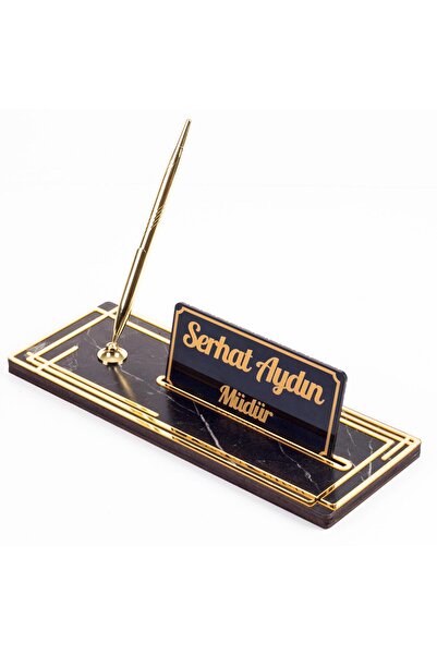 Ofistike Space Gold Kalemli Ahşap Masa İsimliği Mermer Desenli Hediye Ofis De...