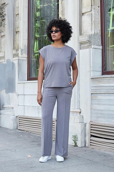 Jument Women's Modal Silky Lycra Fabric High Waist Front Seam Pocket Loose Wide Leg Palazzo Pants-Anthracite