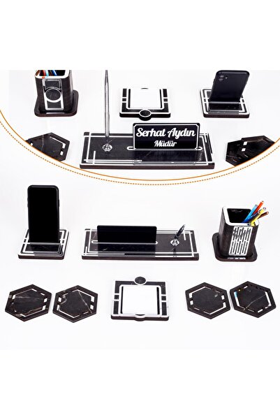 Ofistike Space+Gümüş Kalemlik Ahşap Masa İsimliği Seti Mermer Desen Hediye Of...