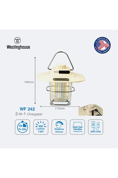Westinghouse فانوس تخييم كلاسيكي قابل لإعادة الشحن WF242 - إضاءة قابلة للتعتيم 360 درجة - USB-C قابل لإعادة الشحن - Pe