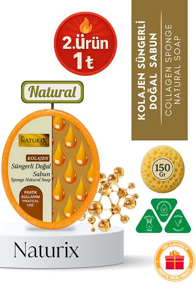 Naturix Collagen Sponge Soap 150 Gr |   Natural Collagen Soap |   Deep Cleaning and Anti-Aging Care
