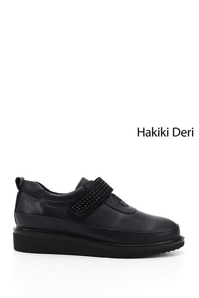 GÖNDERİ(R) Women's Navy Blue Antique Wedge Sole Stone Detailed Genuine Leather Shoes