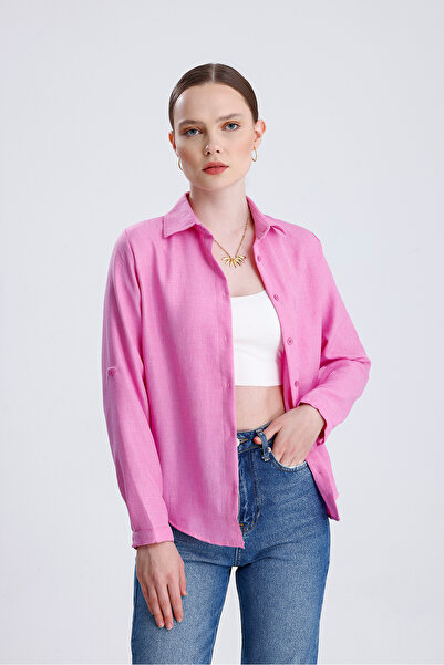 Sienza |   قميص نسائي أساسي كبير الحجم - قميص كاجوال بأكمام طويلة وأزرار مريحة