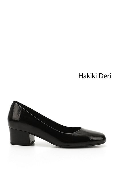 GÖNDERİ(R) Women's Black Patent Leather Short Thick Heeled Genuine Leather Shoes