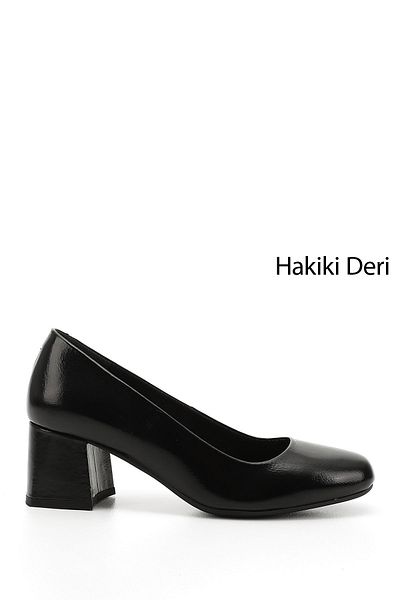 GÖNDERİ(R) Women/Girls Black Patent Leather Blunt Toe Medium Thick Heeled Genuine Leather Shoes