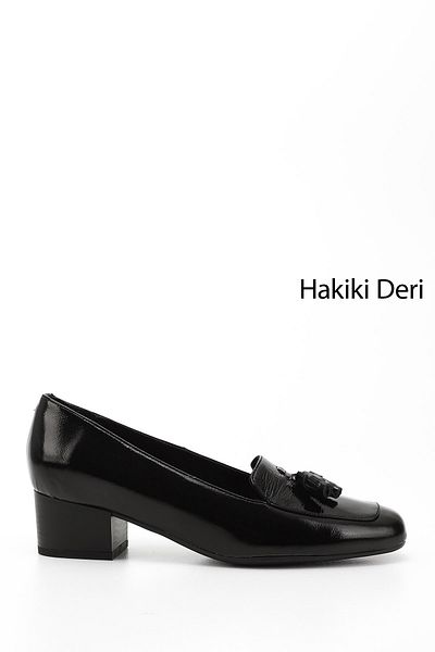 GÖNDERİ(R) Women's Black Patent Leather Blunt Toe Short Thick Heeled Genuine Leather Shoes