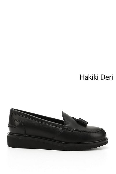 GÖNDERİ(R) Women's Black Wedge Sole Genuine Leather Loafer Shoes