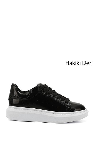 GÖNDERİ(R) Tenis de damă din piele naturală, neagră, cu șireturi, cu talpă cu pană