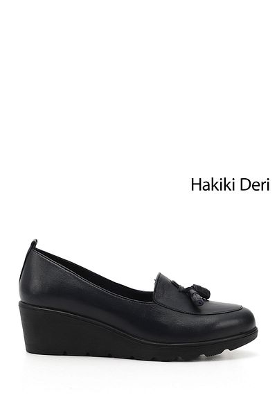 GÖNDERİ(R) Women's Navy Blue Antique Wedge Sole Tasseled Genuine Leather Shoes