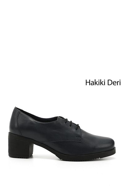 GÖNDERİ(R) Navy Blue Antique Gön Genuine Leather Round Toe Medium Heeled Lace Up Women's Shoes 24230