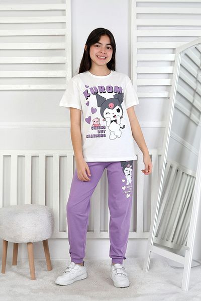 Nisanca Kids Set pijamale pentru fete Kuromi cu model 100% bumbac – Îmbrăcăminte de vară pentru acasă – Mânecă scurtă confortabilă, respirabilă