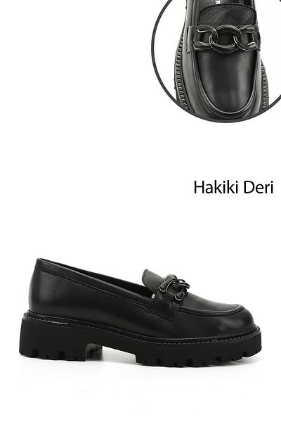 GÖNDERİ(R) Women / Girls Black Thick Heeled Buckle Genuine Leather Loafer Shoes