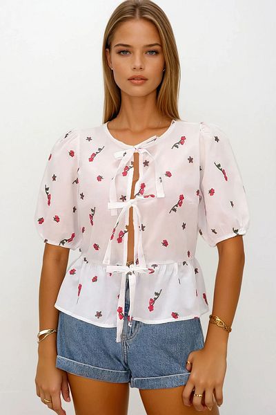 VAGGON Women's Red Sleeves Elastic Tie-Up Floral Embroidered Blouse Vs00168
