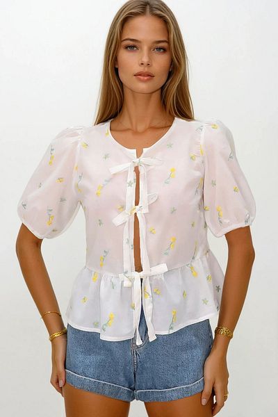 VAGGON Women's Yellow Elastic Sleeves Tie-Up Floral Embroidered Blouse Vs00168