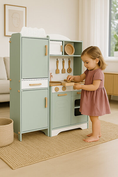 hedefixtoys Ahşap Oyuncak Mutfak ve Buzdolabı Seti–Fotoğraf Alanlı, Raflı, Çekmeceli, Montessori Stil– 90x75 cm
