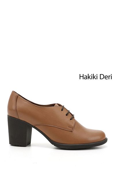 GÖNDERİ(R) Women's Light Tan Laced Medium Thick Heeled Genuine Leather Oxford Shoes