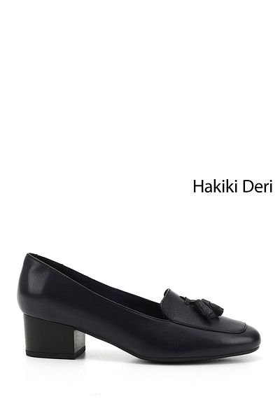 GÖNDERİ(R) Women's Navy Blue Antique Blunt Toe Short Thick Heeled Genuine Leather Shoes