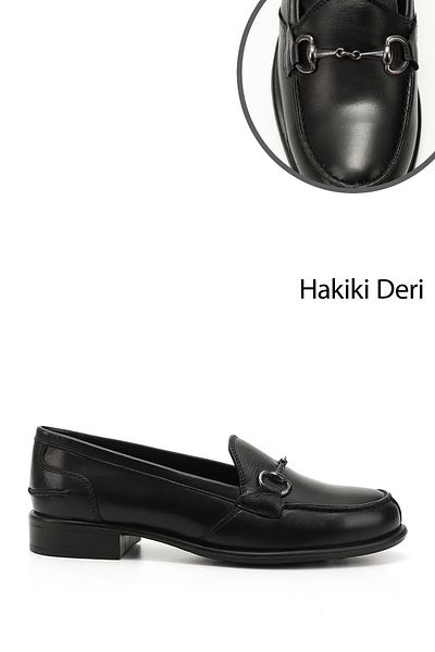 GÖNDERİ(R) Women's Black Buckle Genuine Leather Loafer Shoes