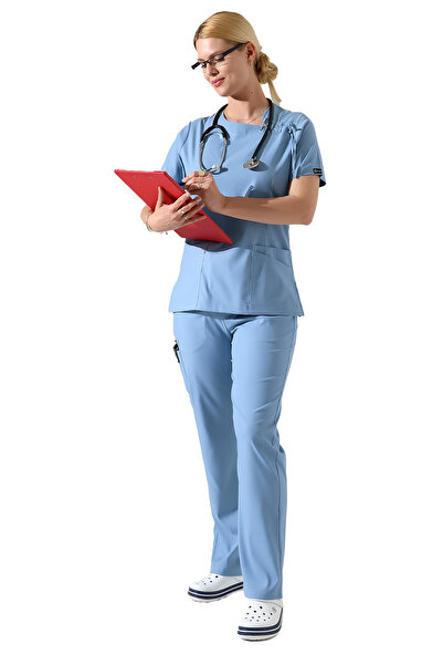 BEDUCA Açık Mavi Likralı Yaka Detaylı Hemşire Scrubs Takımı, Estetisyen Ve Gü...