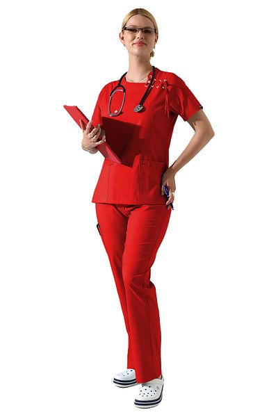 BEDUCA Red Lycra Collar Eyelet Nurse Uniform Set, Esthetician and Beauty Center Outfit