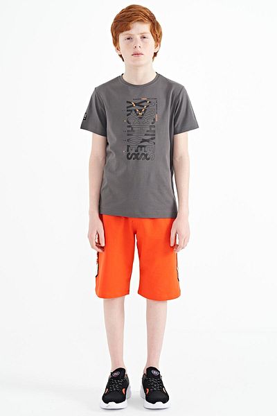 TOMMY LIFE Dark Gray Front Print Detailed O Neck Standard Fit Boy's T-shirt - 11099