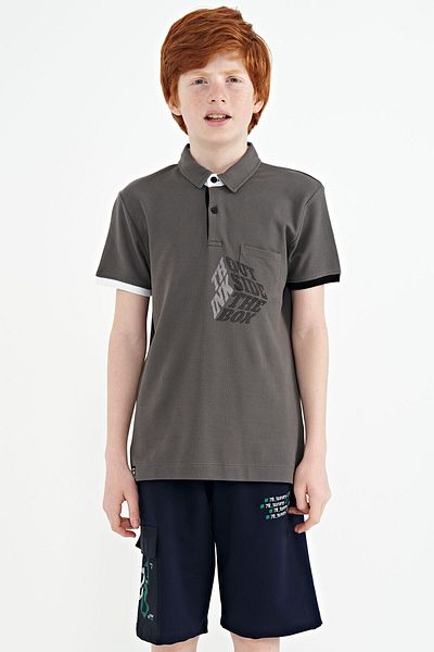 TOMMY LIFE Dark Gray Front Pocket Detailed Printed Standard Mold Polo Collar Boy T-shirt - 11102