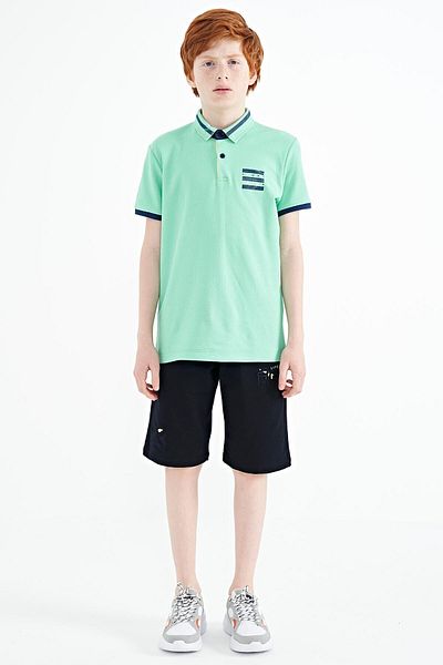 TOMMY LIFE Water Green Collar Color Blocked Print Detailed Standard Fit Boy's T-shirt - 11111