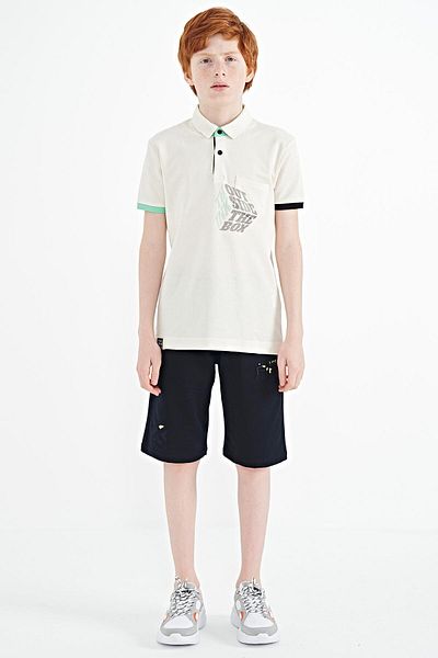 TOMMY LIFE Ecru Front Pocket Detailed Printed Standard Mold Polo Collar Boy T-shirt - 11102