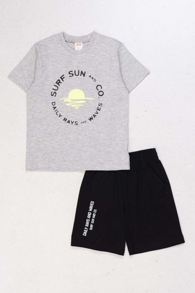 wakawakakidsstore Surf Sun and Waves" Printed Gray T-Shirt and Black Shorts Boys Casual Set - Giri Melange