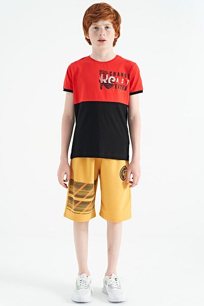 TOMMY LIFE Fiesta Print Detailed Color Blocked Standard Mold O Neck Boy's T-shirt - 11107