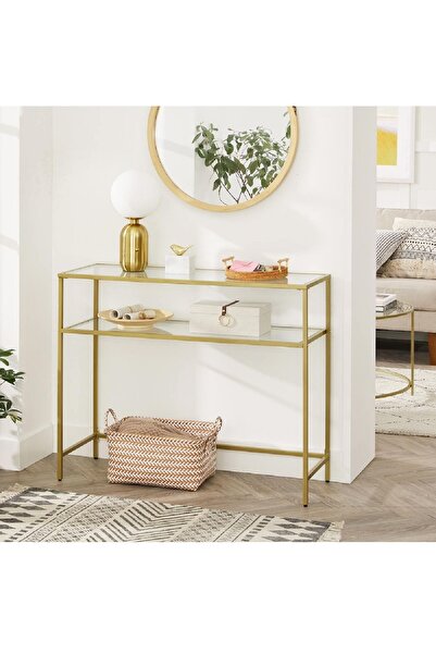 TOLIAHOME Modern 2 Katlı Gold Renk Metal Iskeletli Temper Cam Raflı Dresuar Konsol