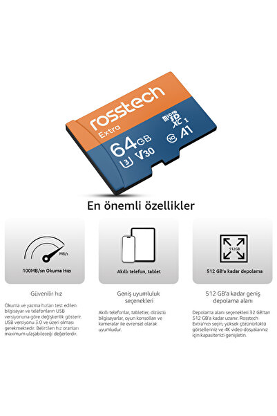 ROSSTECH Extra 64gb V30 Uhs-3 C10 100mb/sn Adaptörlü Hafıza Kartı