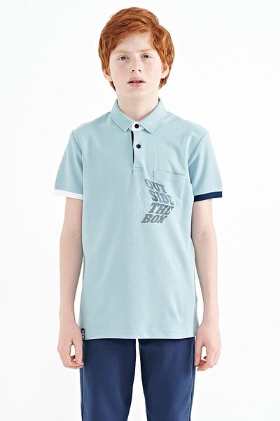 TOMMY LIFE Tricou pentru băieți, albastru deschis, cu buzunar în față, imprimat standard, cu gât polo - 11102
