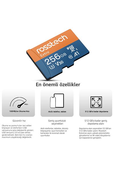 ROSSTECH Extra 256Gb Micro Sdxc V30 Uhs-3 C10 100Mb/S Memory Card with Adapter