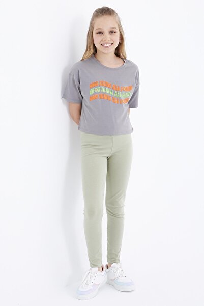 TOMMY LIFE Gray Oversize Colorful Text Printed Off Shoulder O Neck Girl's Crop T-shirt - 75038