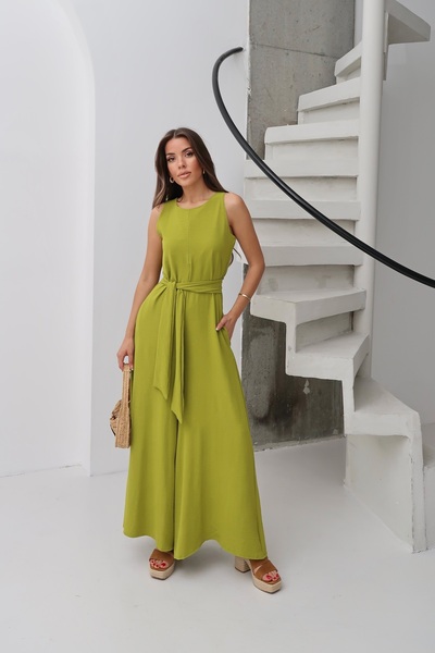 Paw Garage Women's Deta Olive Belted Pocketed Ayrobin Fabric Jumpsuit