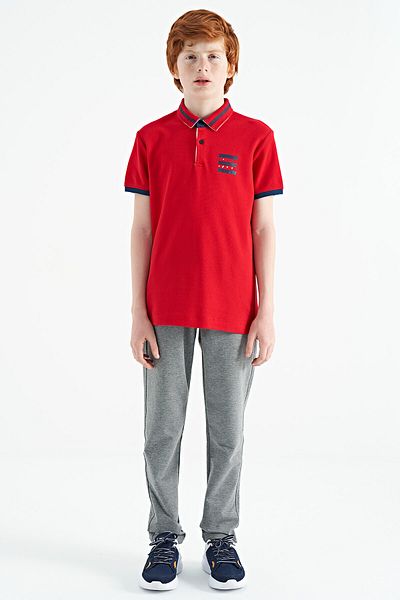 TOMMY LIFE Red Collar Color Block Print Detailed Standard Mold Boy T-shirt - 11111