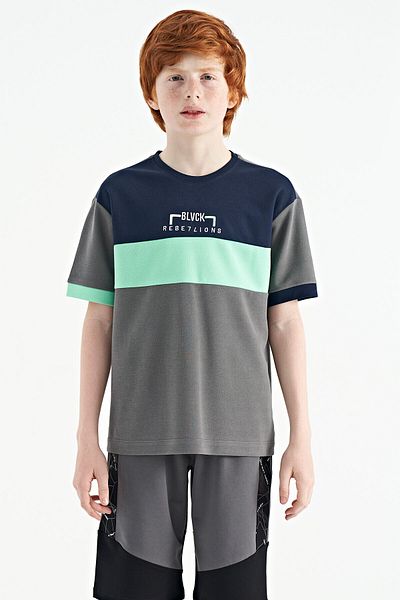 TOMMY LIFE Dark Gray Gradient Embroidered Oversize Boy's T-shirt - 11159