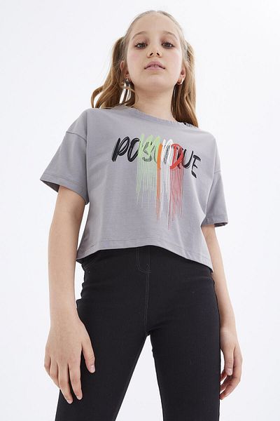TOMMY LIFE Gray O-neck PrinTeD Girl's Crop T-shirt - Off ShoulDer Oversize - 75036