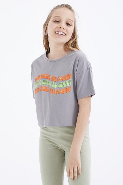 TOMMY LIFE Gray Oversize Colorful Text Printed Off Shoulder O Neck Girl's Crop T-shirt - 75038