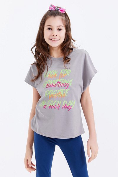 TOMMY LIFE Gray Oversize Colorful Text Printed O Neck Girl's T-shirt - 75029