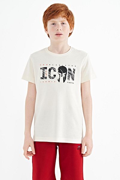 TOMMY LIFE Ecru Front Letter Embroidered O Neck Standard Mold Boy's T-shirt - 11118