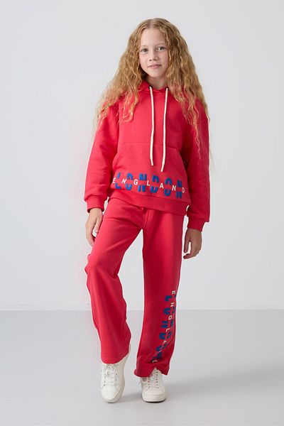 TOMMY LIFE Viva Red Cotton Furry Inside Soft Textured Oversize Printed Girl's Tracksuit Set - 75147