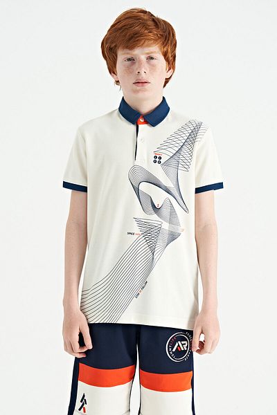 TOMMY LIFE Ecru Print Detailed Standard Pattern Polo Neck Boys' T-Shirt - 11164
