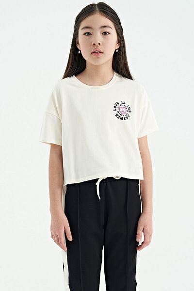 TOMMY LIFE Ecru Front Back Printed O Neck Low Shoulder Oversize Short Sleeve Girl's T-shirt - 75126