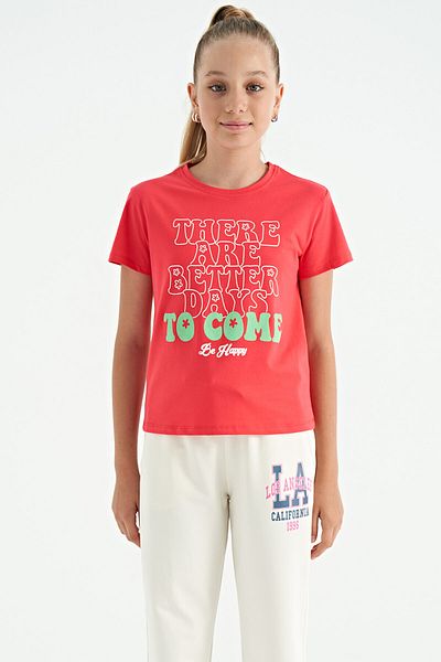 TOMMY LIFE Rose O Neck Text Printed Comfortable Form Short Sleeve Cropped Girl's T-Shirt - 75118