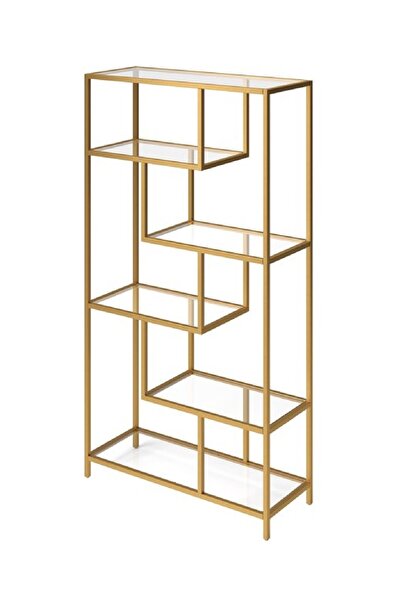 TOLIAHOME Modern 6 Raflı Gold Renk Metal İskeletli Cam Raflı Aksesuar Rafı Kitaplık