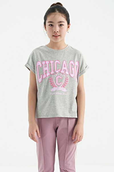 TOMMY LIFE Gray Melange O Neck Drop Shoulder Comfortable Form Short Sleeve Girl's T-shirt - 75128