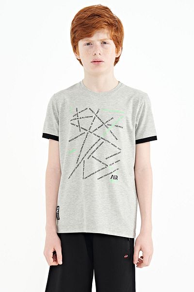 TOMMY LIFE Gray Melange Minimal Text Printed Standard Fit O Neck Boy's T-shirt - 11132