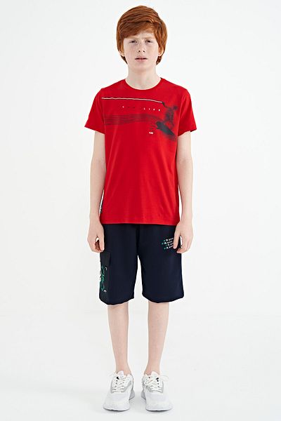 TOMMY LIFE Red Print Detailed Standard Mold O Neck Boy T-shirt - 11133